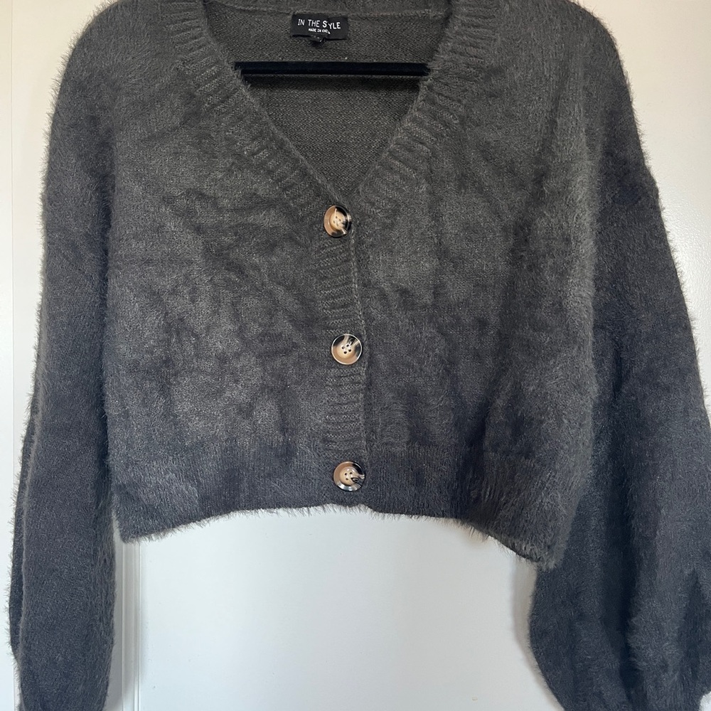 Gray Cropped Fuzzy Cardigan Sweater